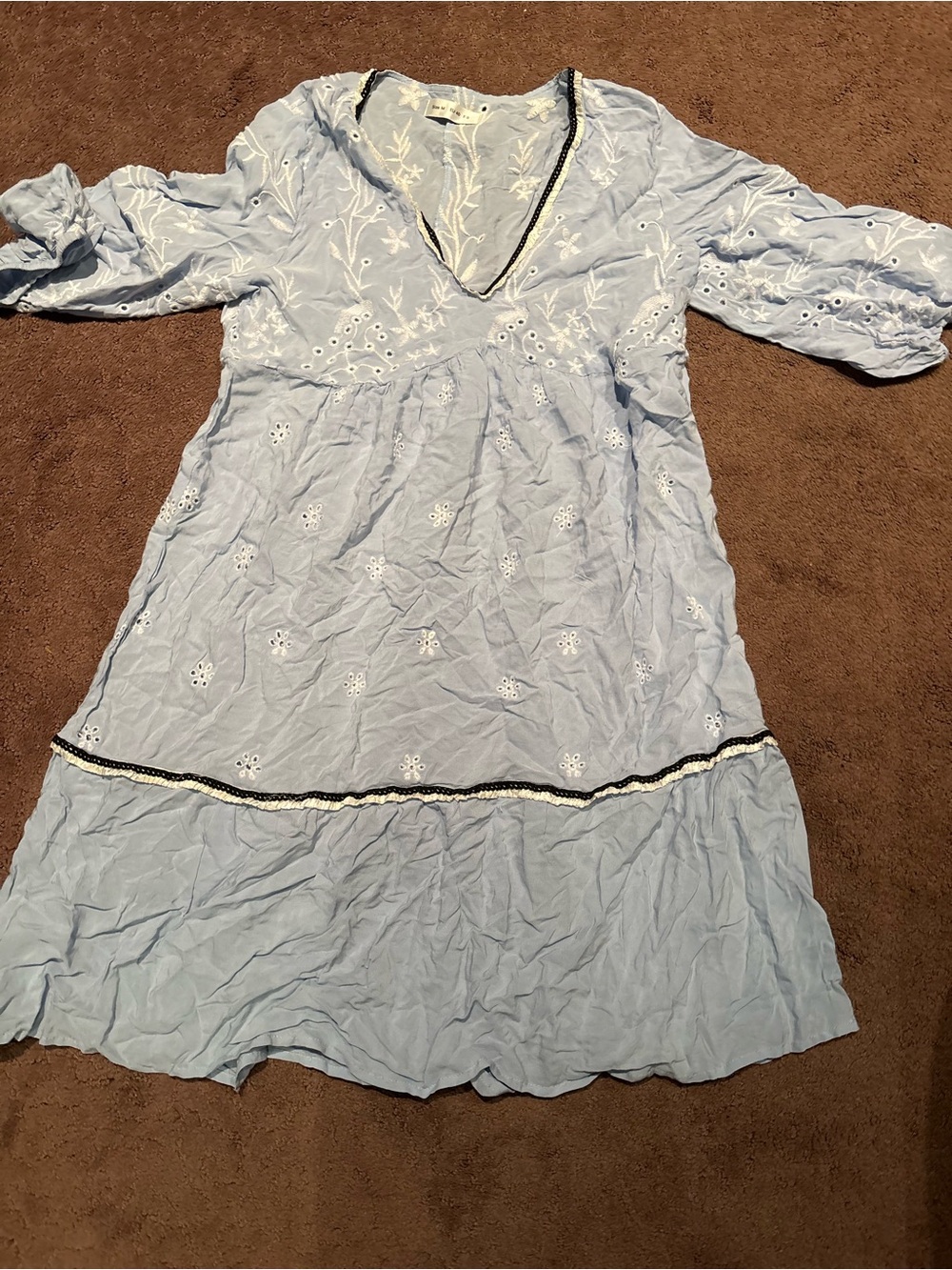 Light Blue Eyelet V-Neck Dress with Trim